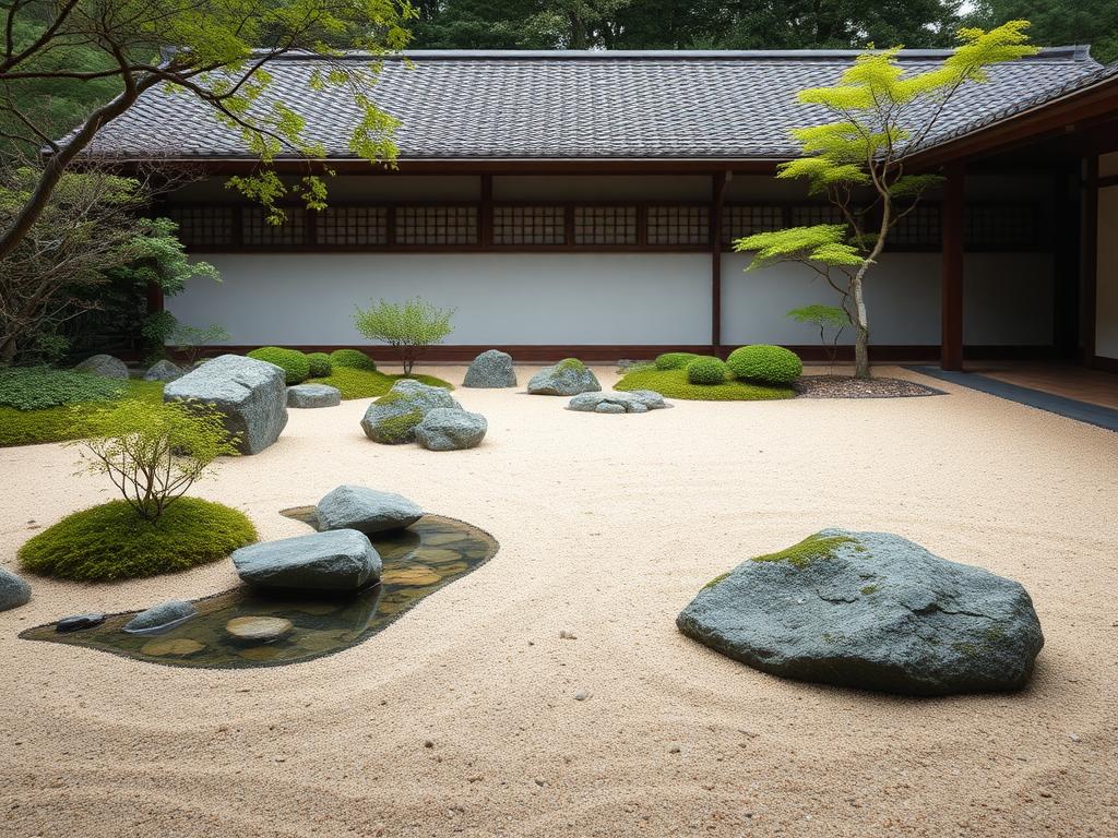 Японский сад: философия минимализма и гармонии. Элементы, создающие атмосферу: камни, вода, растения и песок Японский сад: философия минимализма и гармонии. Элементы, создающие атмосферу: камни, вода, растения и песок